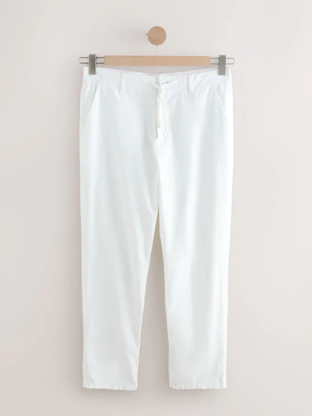 NEXT White Regular Tapered Fit Linen Cotton Chino Trousers