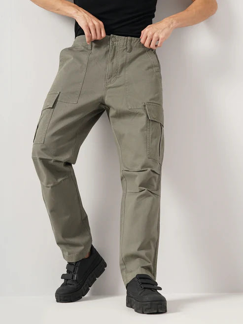 Celio* Cotton Straight Fit Olive Trousers