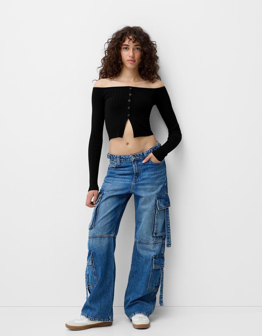 Bershka open button sweater crop-top