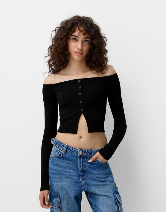 Bershka open button sweater crop-top