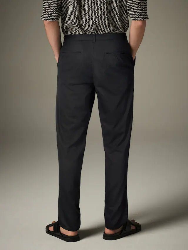 NEXT Black Regular Tapered Fit Linen Cotton Chino Trousers