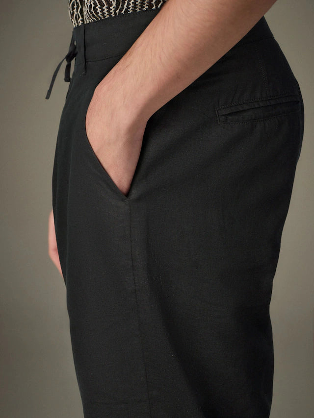 NEXT Black Regular Tapered Fit Linen Cotton Chino Trousers