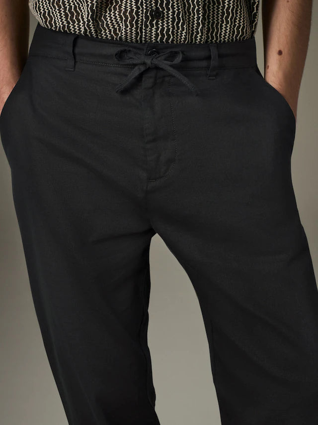 NEXT Black Regular Tapered Fit Linen Cotton Chino Trousers