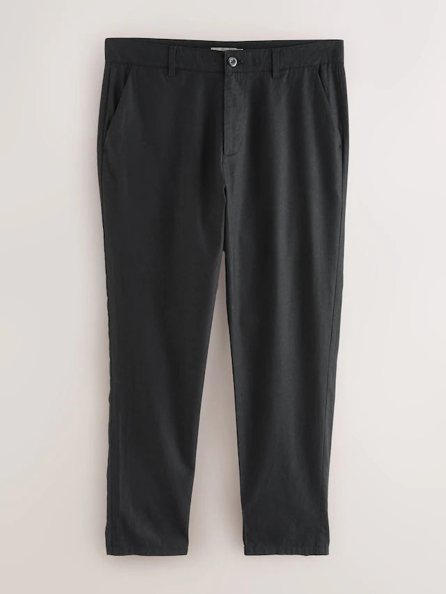 NEXT Black Regular Tapered Fit Linen Cotton Chino Trousers