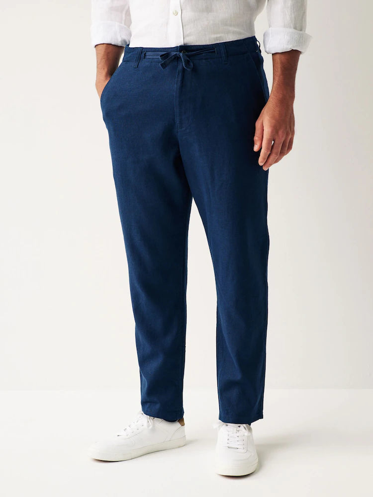 NEXT Navy Blue Regular Tapered Fit Linen Cotton Chino Trousers
