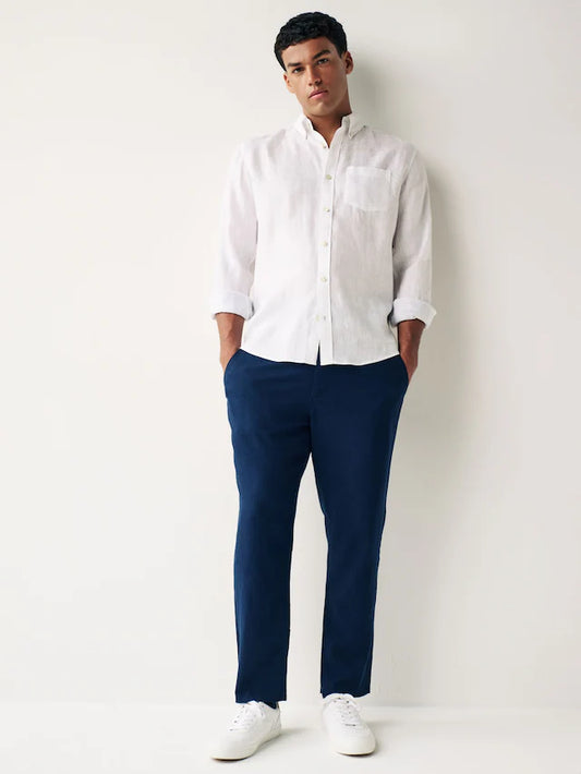 NEXT Navy Blue Regular Tapered Fit Linen Cotton Chino Trousers
