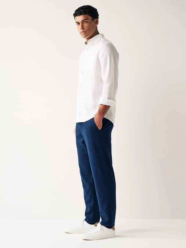 NEXT Navy Blue Regular Tapered Fit Linen Cotton Chino Trousers