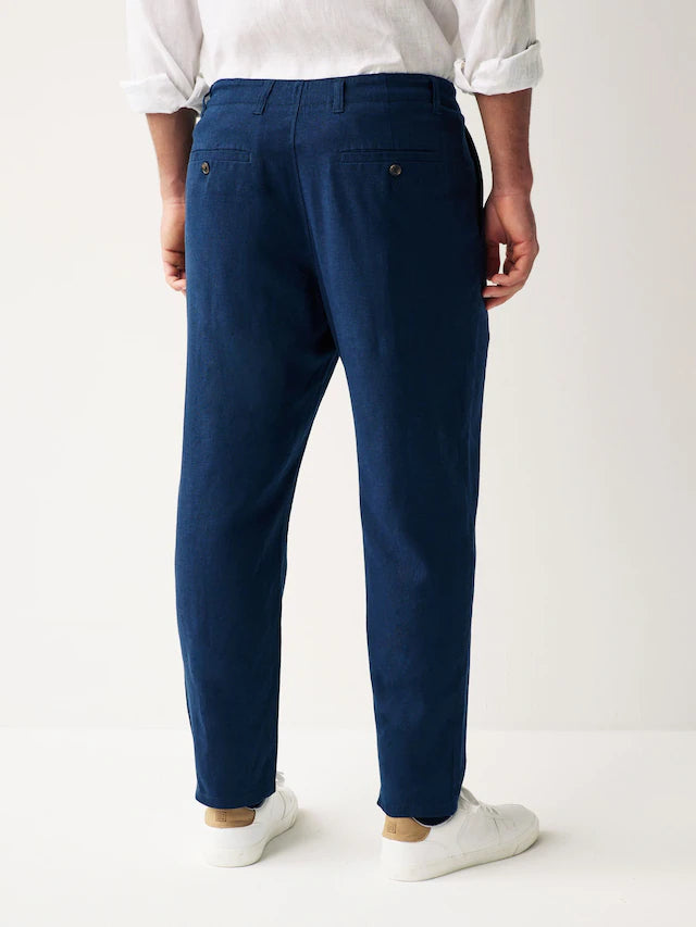 NEXT Navy Blue Regular Tapered Fit Linen Cotton Chino Trousers