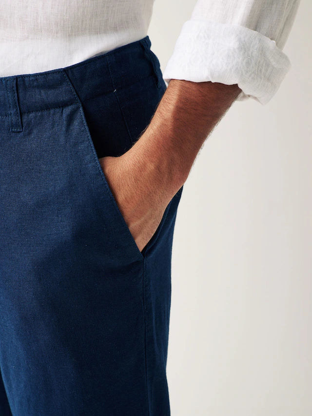 NEXT Navy Blue Regular Tapered Fit Linen Cotton Chino Trousers