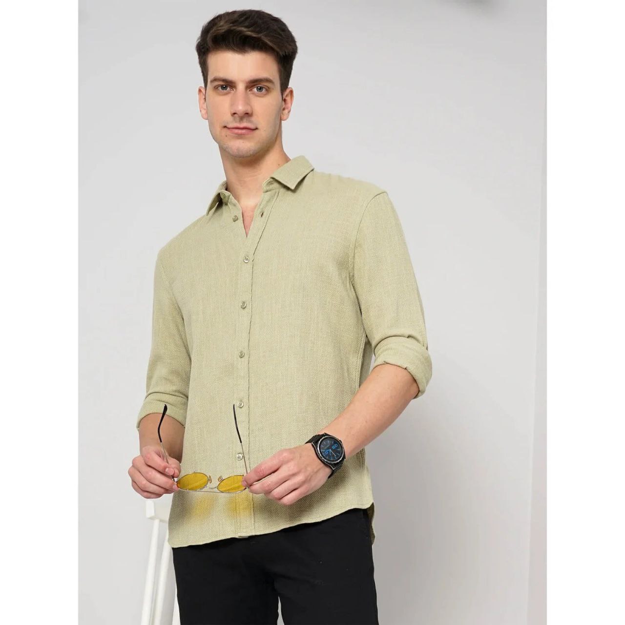 Celio* Solid Slim Fit Cotton Green Shirt