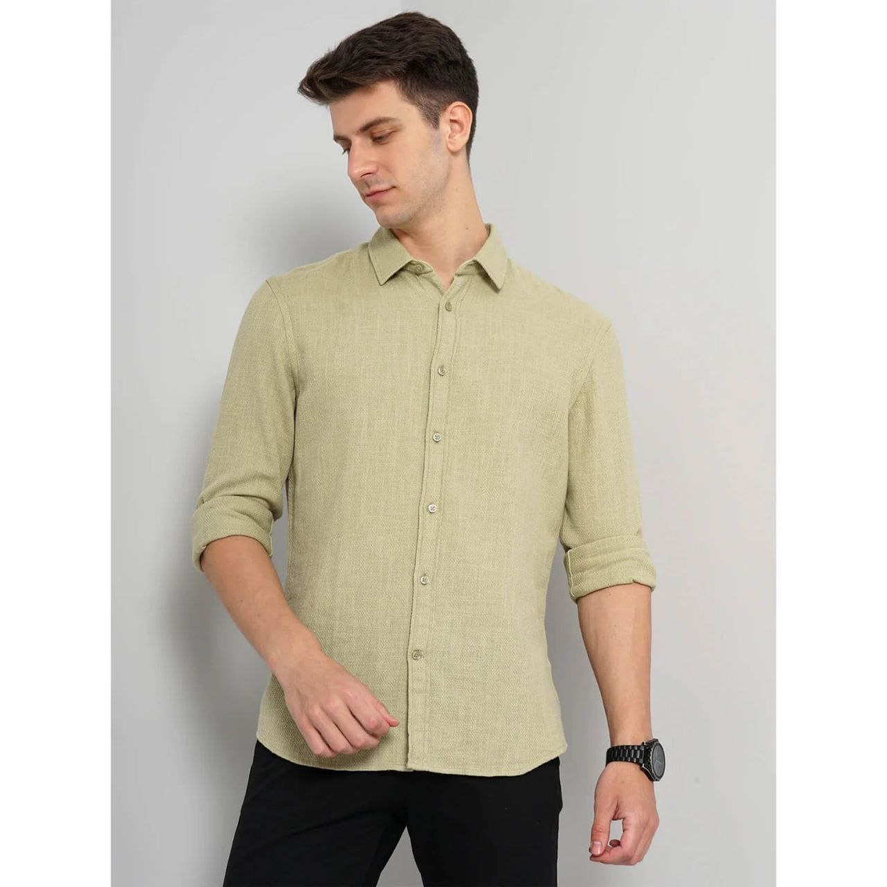 Celio* Solid Slim Fit Cotton Green Shirt