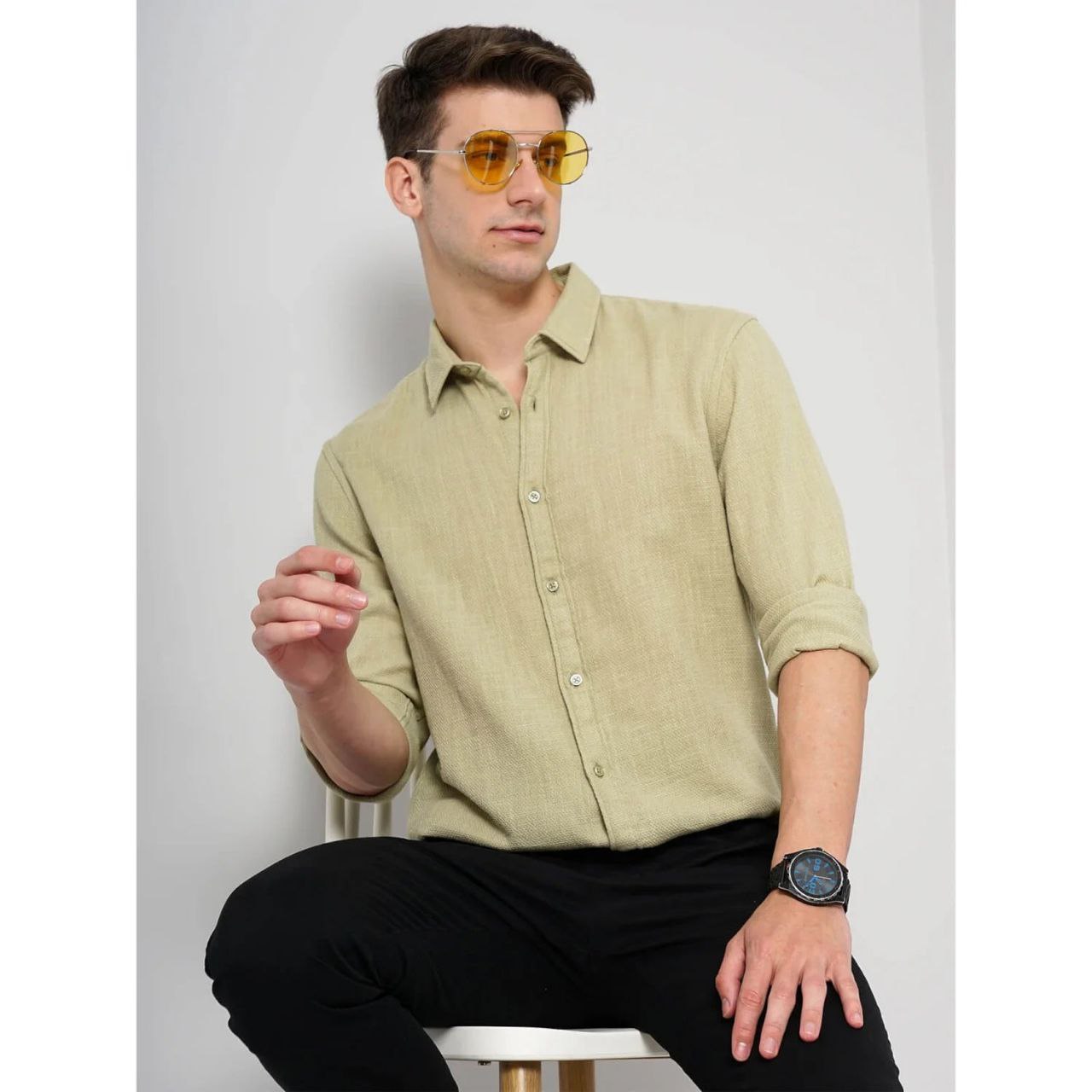 Celio* Solid Slim Fit Cotton Green Shirt