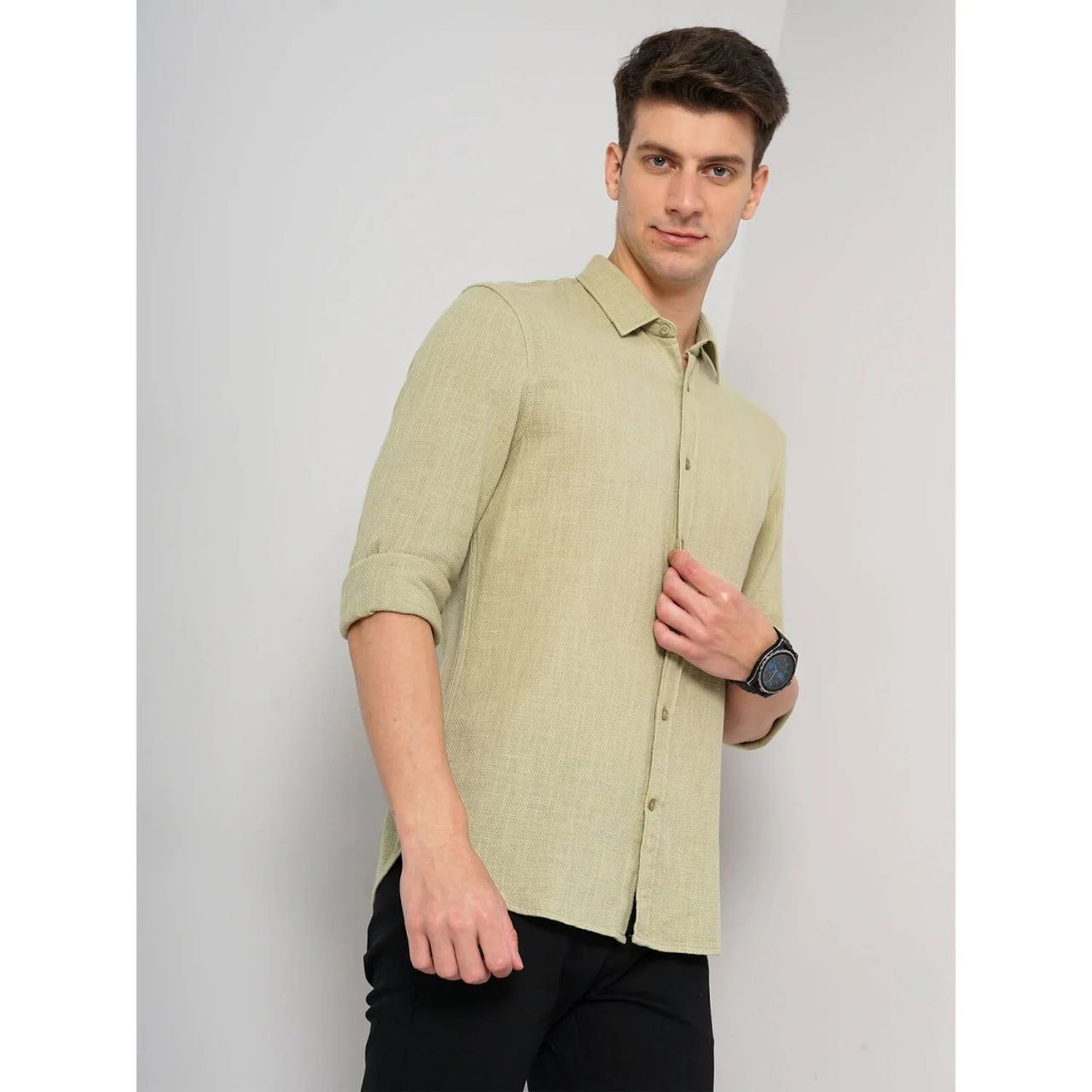 Celio* Solid Slim Fit Cotton Green Shirt