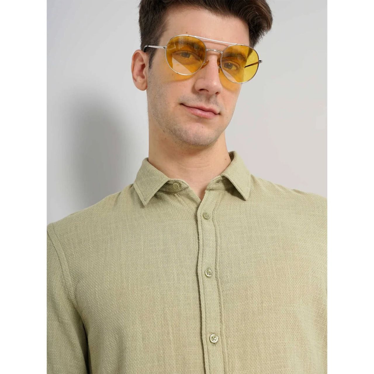 Celio* Solid Slim Fit Cotton Green Shirt